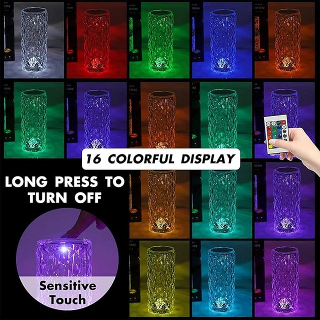 Crystal Lamp,16 Color Changing Rose Crystal Diamond Table Lamp,USB Rechargeable Touch Bedside Lamp Night Light with Remote Control, for Bedroom Living Room Party Dinner Decor